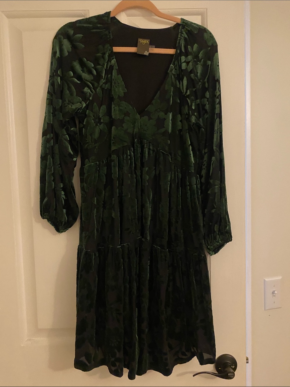 Taylor Dark Green Floral Velvet Tiered Midi Dress